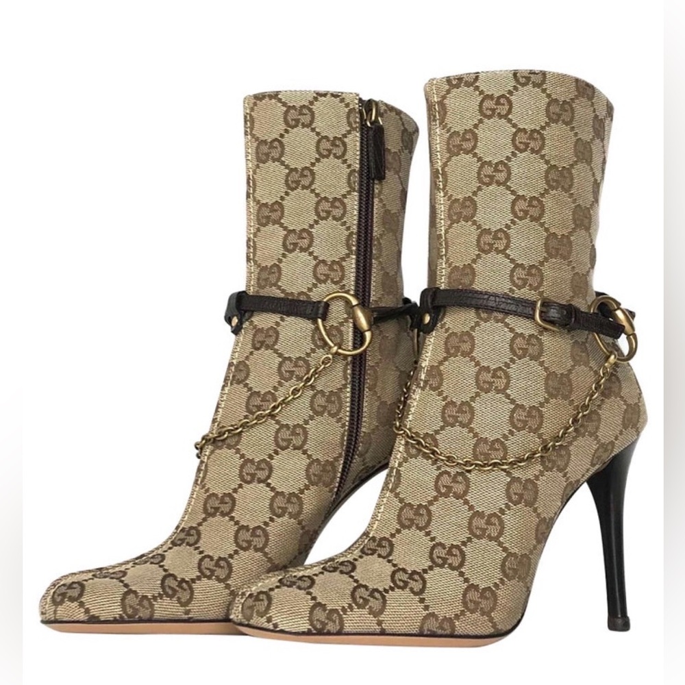 Vintage Gucci GG Monogram Horsebit Harness Ankle High Heeled Beige Canvas Boots - Picture 2 of 15